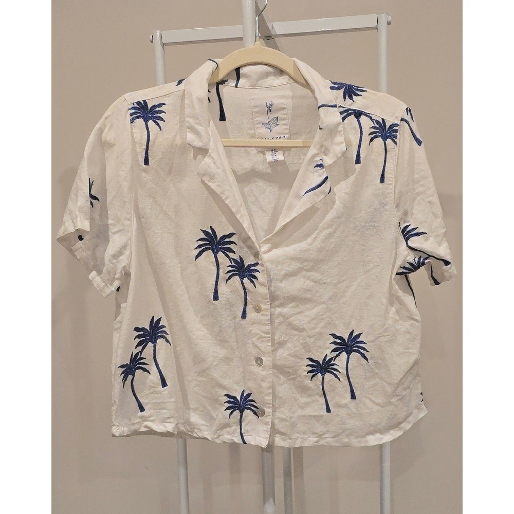 Calypso St Barth White Linen Embroidered Blue Palm Tree Camp Shirt Womens Medium - Picture 6 of 6